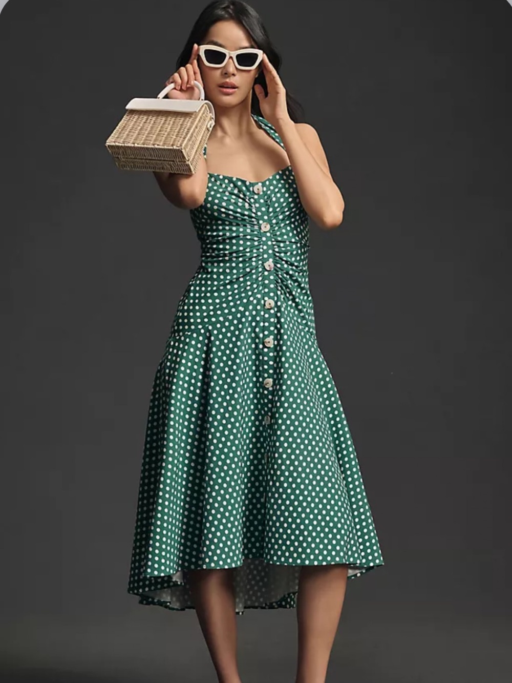 NWT Maeve Anthropologie Halter Ruched Midi Green Polka Dot Dress 6 Petite